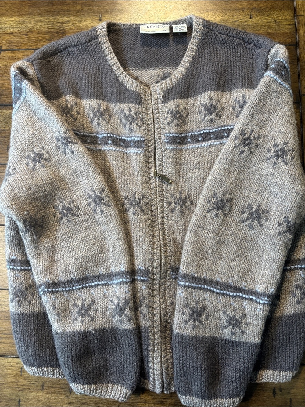 VTG Preview International 100% Wool Snowflake Nordic Full Zip Cardigan Sweater M